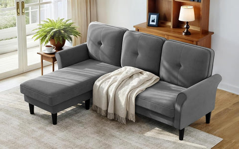Sofas for Living Room, 83" Velvet Sectional Couch with Moveable Ottoman, Midcentury Modern Small Sectional Couch