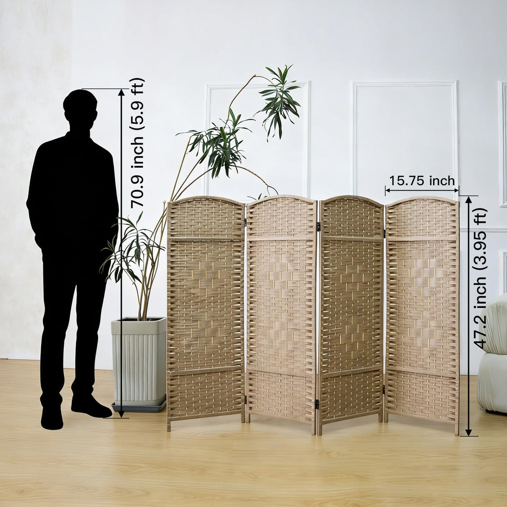4 Panel Rattan Divider Short Room Partition Screen, Double Sided Folding Divider for Room Separation, Light Brown, 47.2"