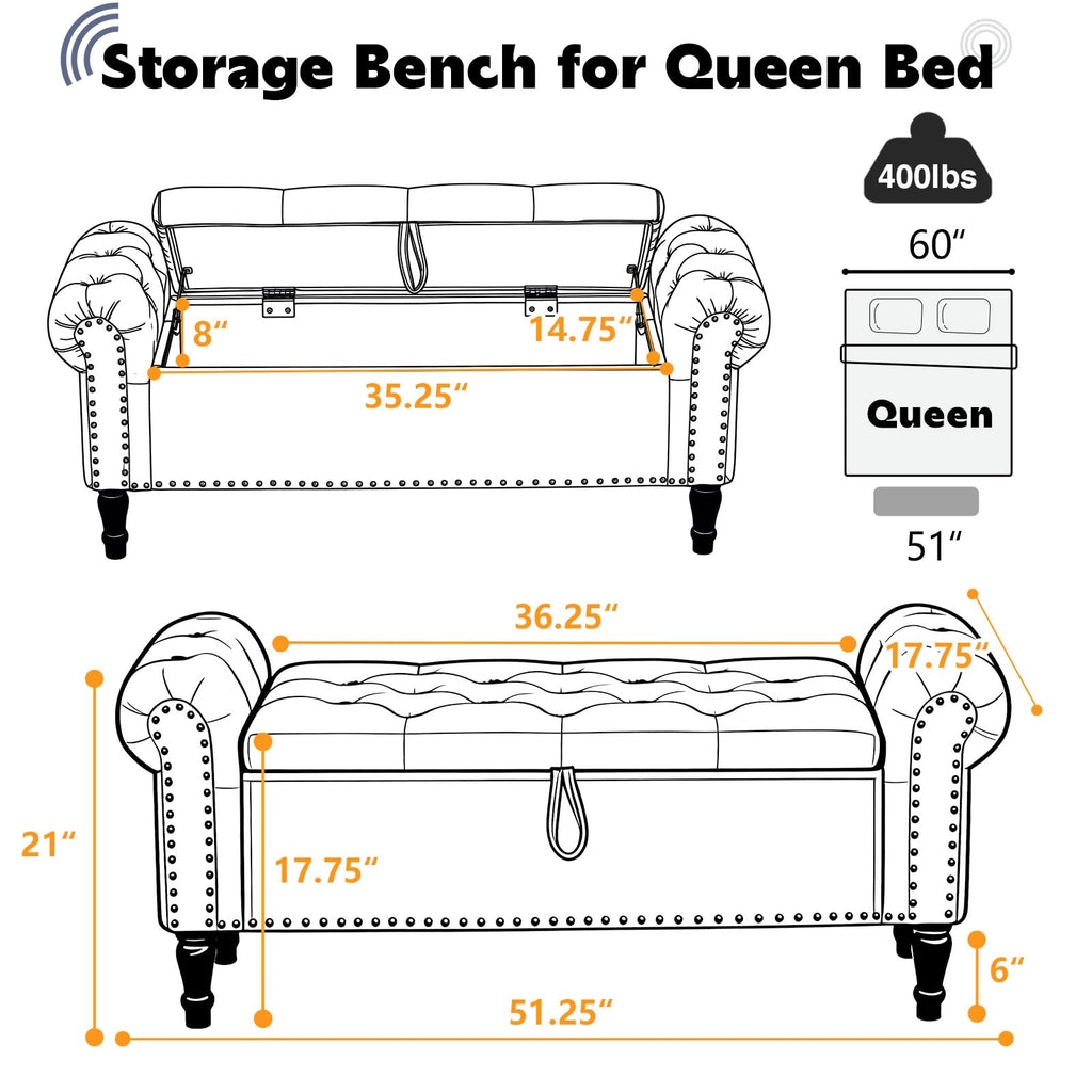 End of Bed Storage Bench Queen Size, 51'' Storage Bench End of Bed, Upholstered Velvet Tufted Storage Ottoman Benches