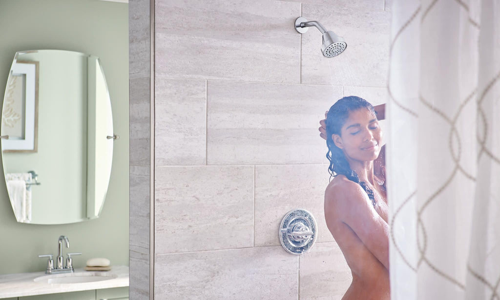 Gibson Chrome Pressure Balancing Eco-Performance Showerhead, Shower Handle, and Tub Spout, Posi-Temp Valve Required