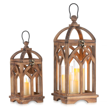 Farmhouse Wood Candle Lantern Decorative 12"/16", Set of 2, Brown