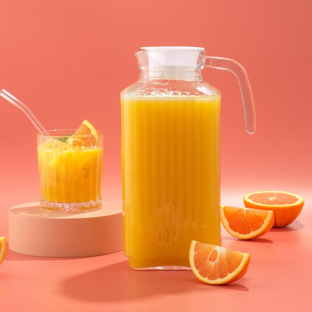 60oz Glass Pitcher with Lid (2 Lids) - Beverage Serveware and Storage Container for Cold Drinks and Liquids. Juice