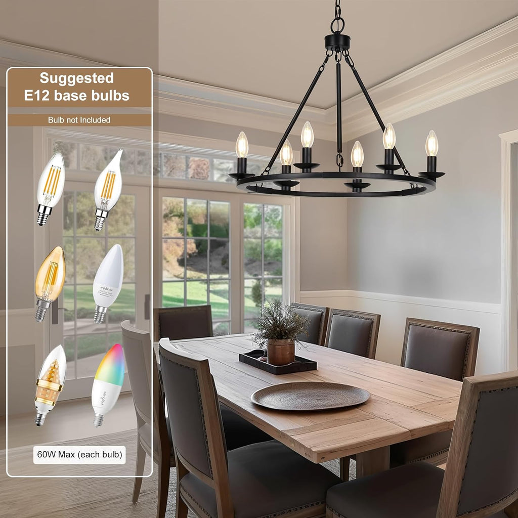 Inspired Camino Style Chandelier - Black Farmhouse Chandelier, 6-Light Wagon Wheel Chandelier with Adjustable Height, Dining Room Light Fixture, Hanging Lights for Kitchen Island, Living Room, Bedroom, Entryway, E12 Base A105-B0CHVBQMZT