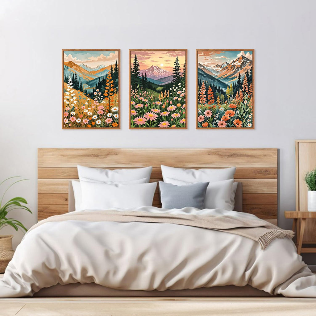 Mountain Sunset Floral Framed Canvas Wall Art Set, (Set of 3, 12X16 Inch) Colorful Wildflower Daisy Flower Wall