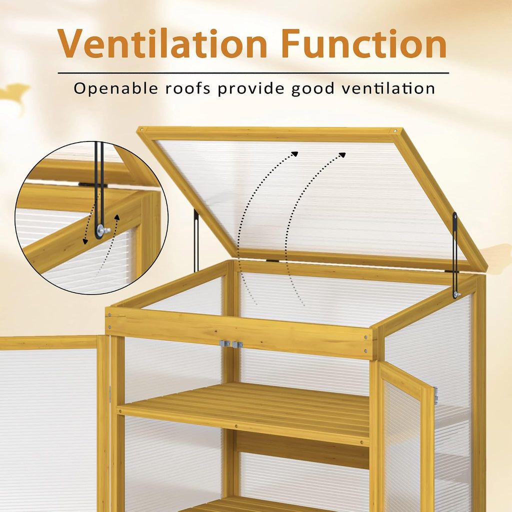 2-Tier Wooden Cold Frame Greenhouse, Garden Portable Mini Cabinet, Flower Shelf Bed for Outdoor Indoor Use