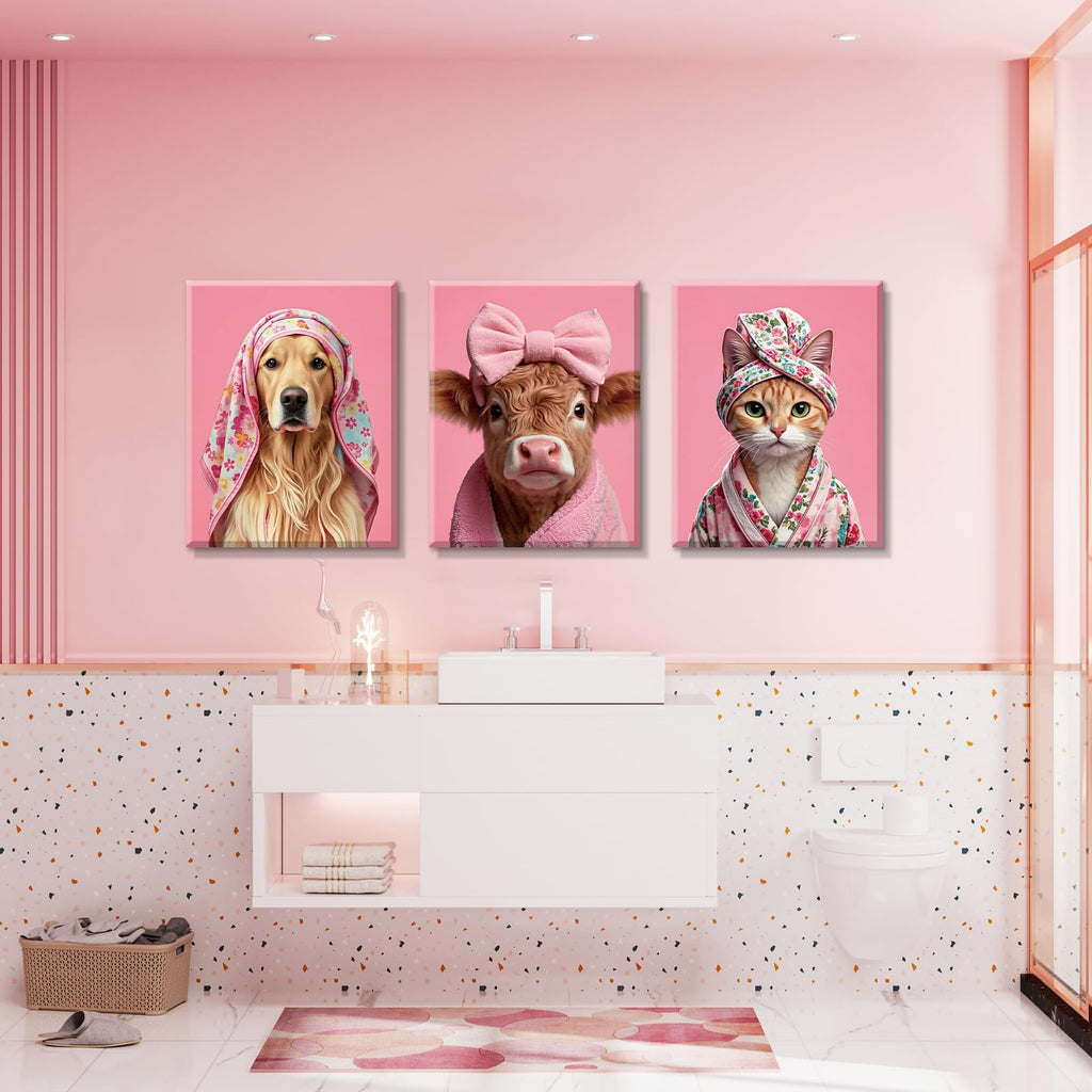 3 Piece Pink Bow Highland Cow Bathroom Wall Art, Cute Japan Cat Art Decor