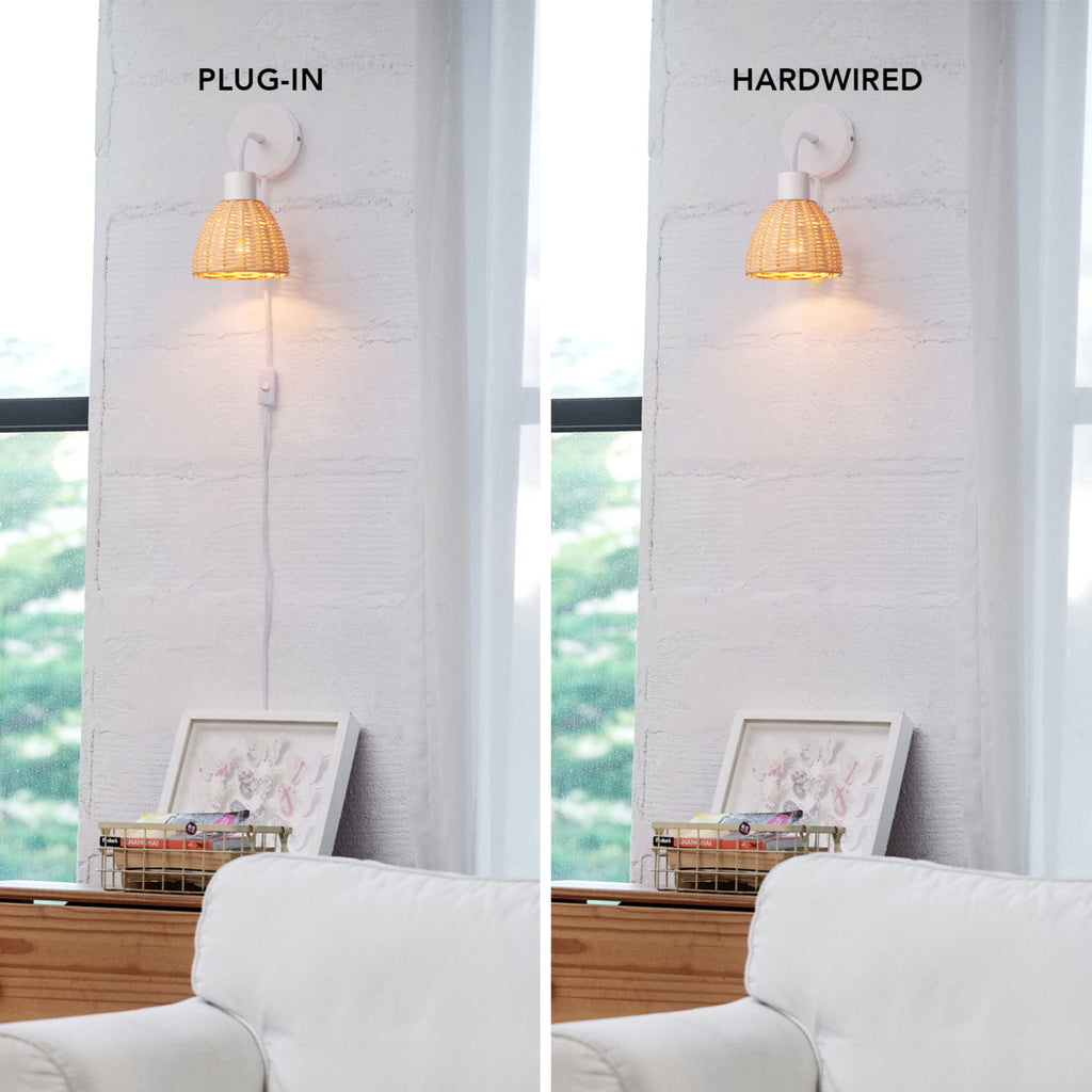 Briar 1-Light Plug-in or Hardwire Wall Sconce, Matte White, Rattan Shade, 6ft White Braided Fabric Designer Cord