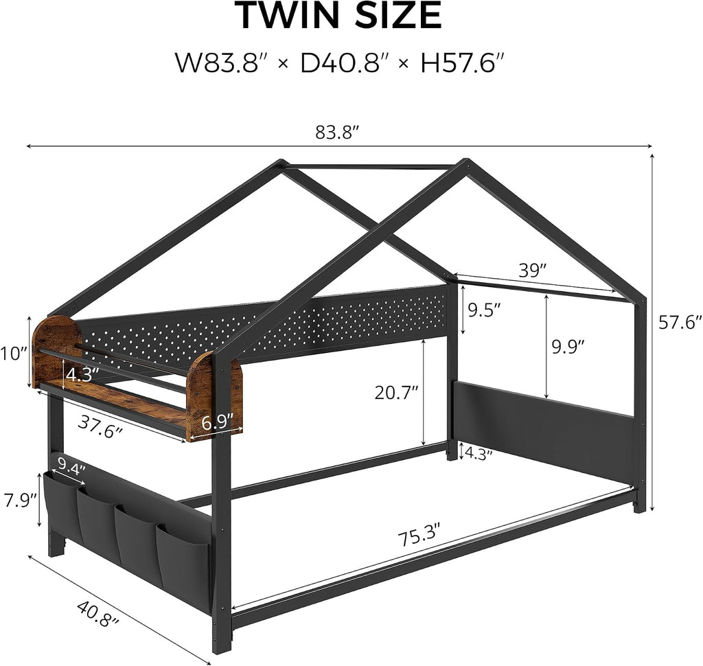 Twin Floor Bed with Storage & Roof, Metal House Bed Frame, Black