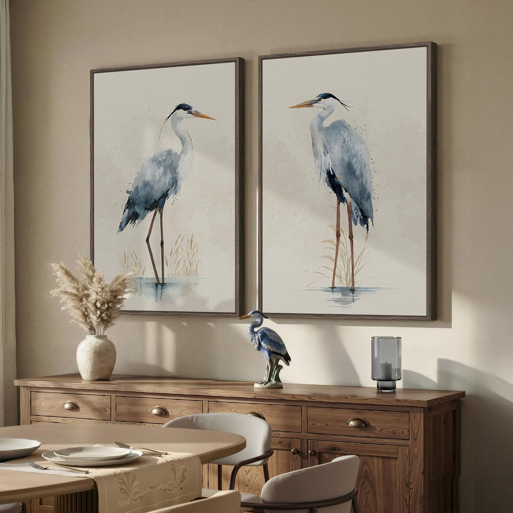 Large Framed Vintage Neutral Blue Heron Bird Wall Art, 2 Piece 24x36 In
