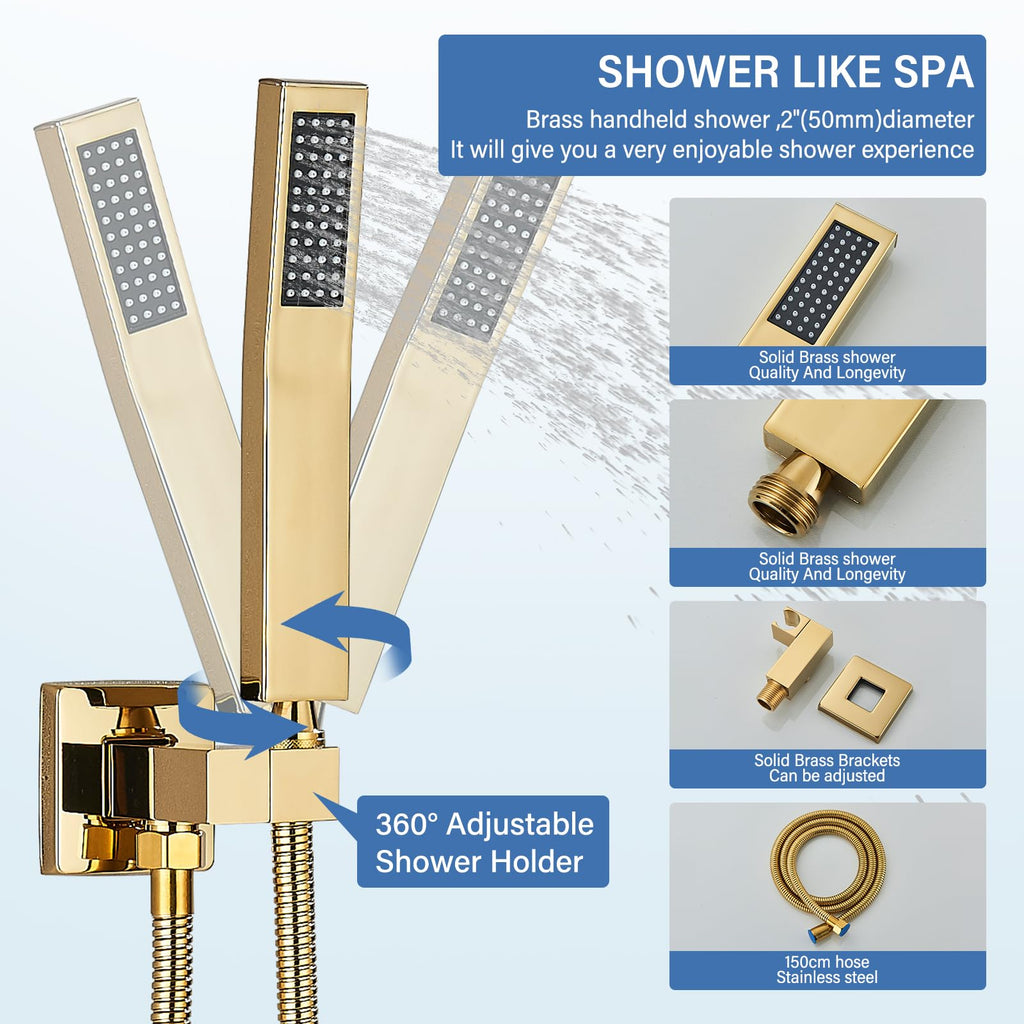 Polished Gold Shower System 12 Inch LED Square Rainfall Shower Head Ceiling Mount Shower Faucet Set with Hand Sprayer