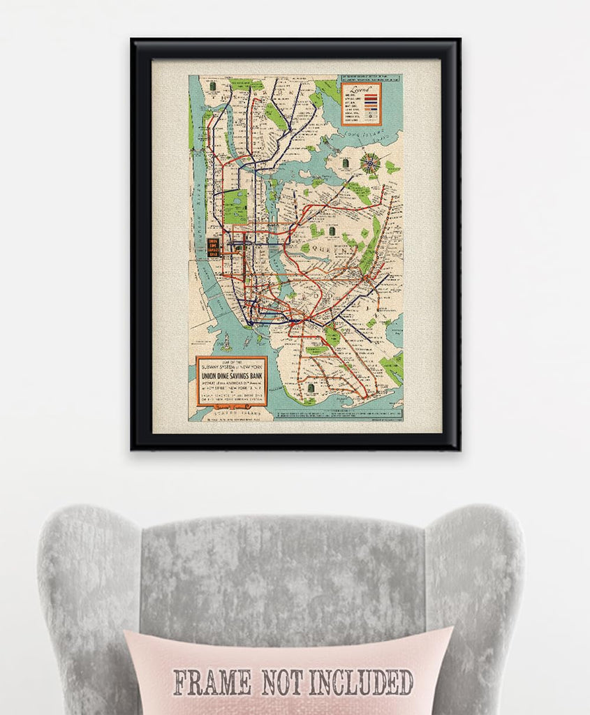 Vintage 1948 New York Subway Map 18x24 Stretched Canvas Poster - Classic NYC Transit Map Reproduction, Retro 1940s