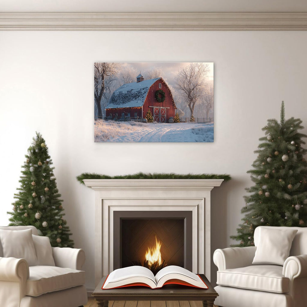 Nature Farmhouse Canvas Wall Art Red Barn Poster Christmas Tree Prints Picture Rustic Country Snow Pictures Wall