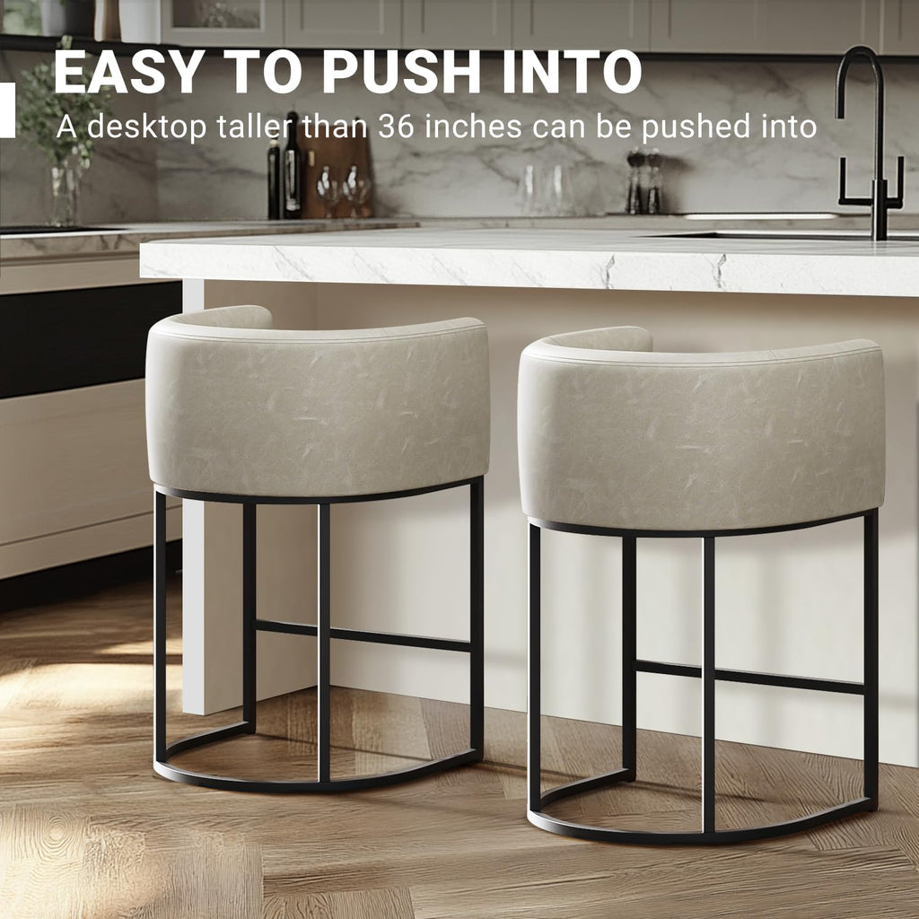 26" H Counter Height Bar Stools Set of 4, Modern Barrel Counter Stools with Backrest and Arms, Faux Leather
