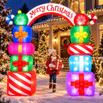 9 FT Christmas Inflatables Archway Outdoor Decorations, Outdoor Gift Boxes Arch Giant Blow Up with Built-in LED