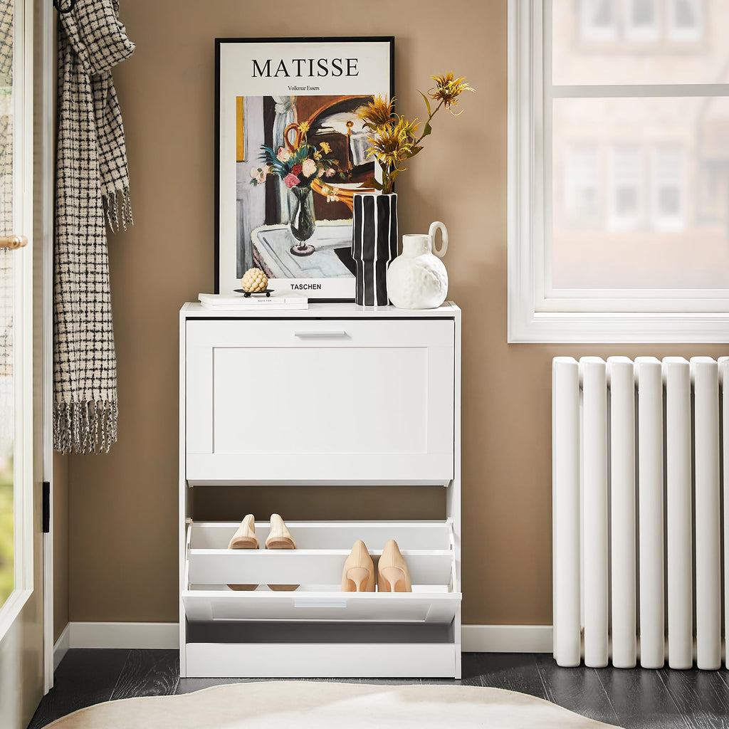 Hestiamo Entryway Flip Drawer Shoe Storage Cabinet, Narrow Size, White