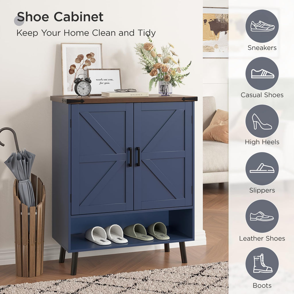 34" Tall Farmhouse Shoe Storage Cabinet with Barn Doors, Navy Blue