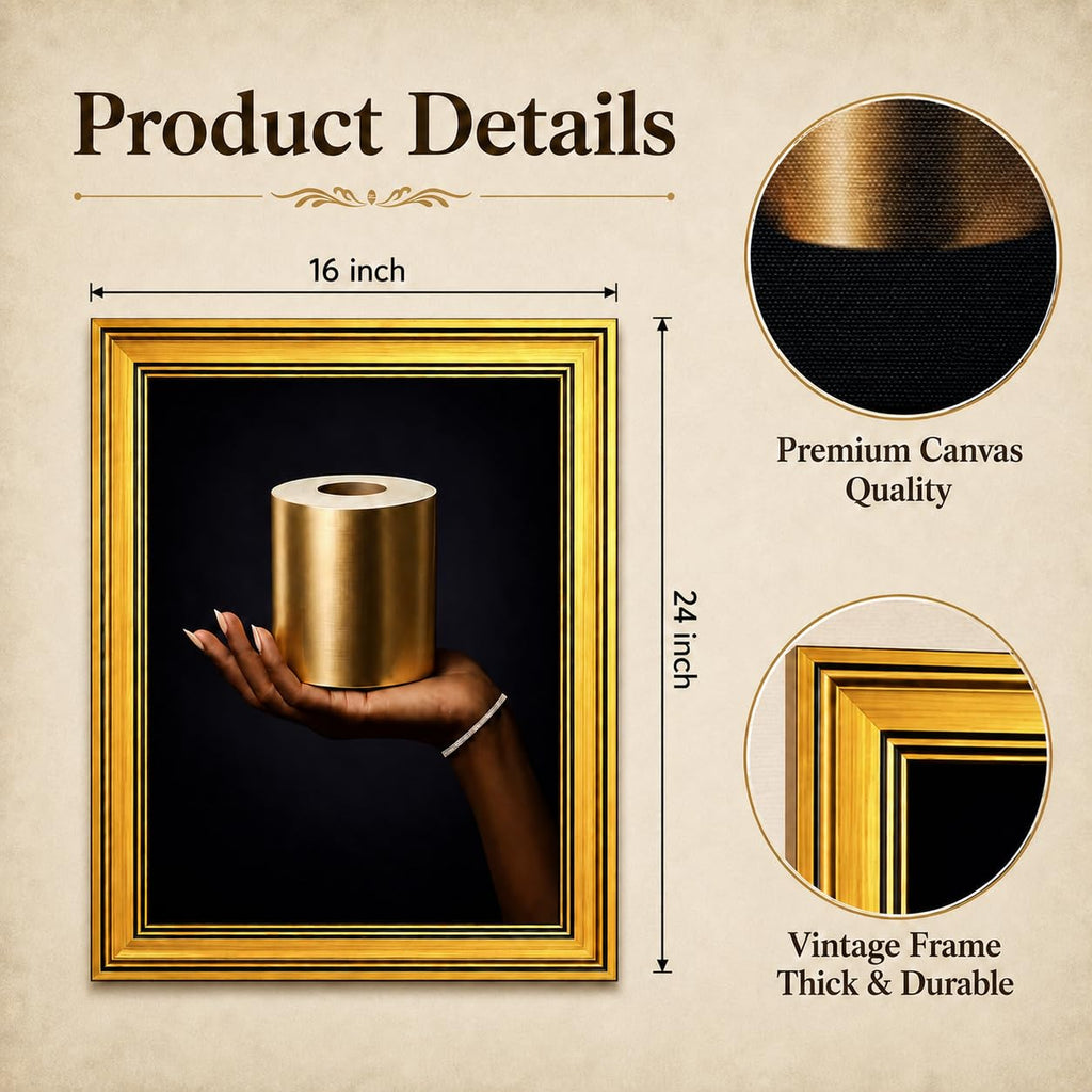 Luxury Gold Toilet Paper Wall Art Framed Canvas Print Modern Bathroom Poster Elegant Picture Gallery Artwork
