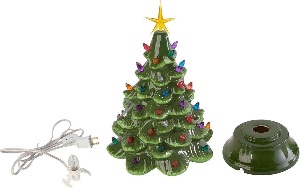 Classic Ceramic Christmas Tree - 15.5" Vintage Green Tree with Separate Base, Multi-Color Lights, Power Cord, Bulb