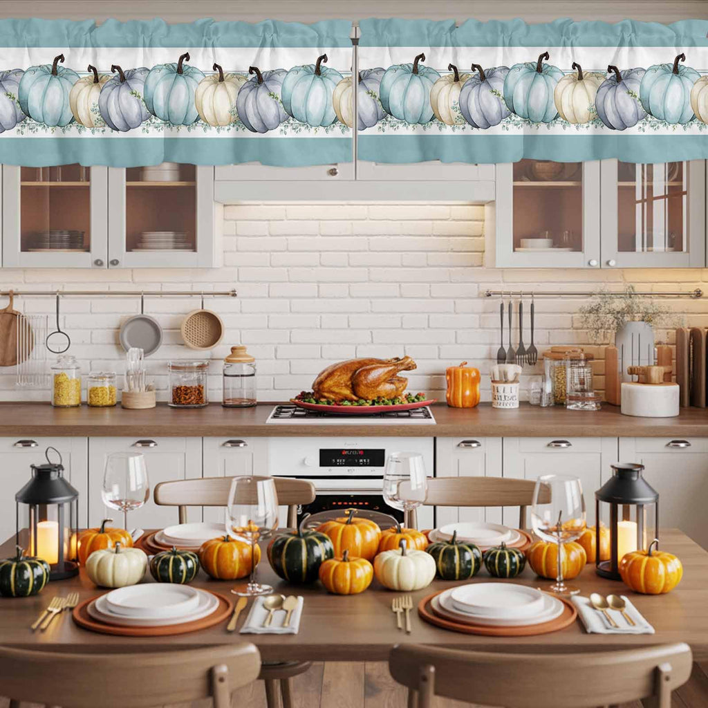 Fall Valance for Windows Blue Pumpkin Curtains Valances Harvest Thanksgiving Rod Pocket Valance Window Treatments