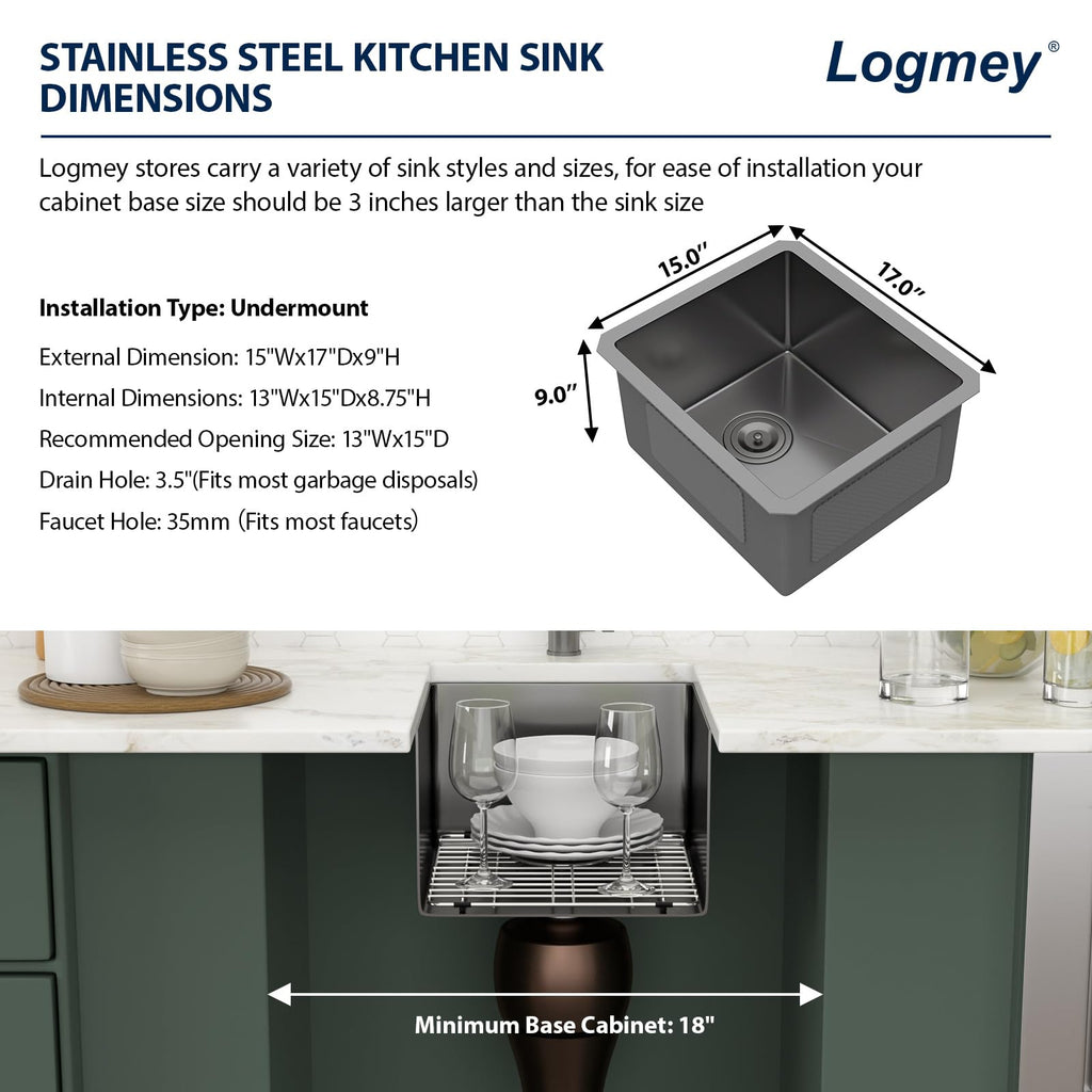 15x17 Inch Undermount Bar Sink Gunmetal Black