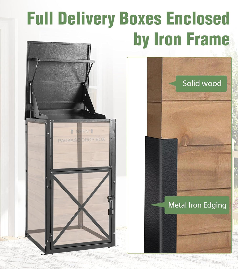 Package Delivery Boxes Theft & Weatherproof Solid Wood with Iron Frame, Parcel Drop Box with Combination Lockable