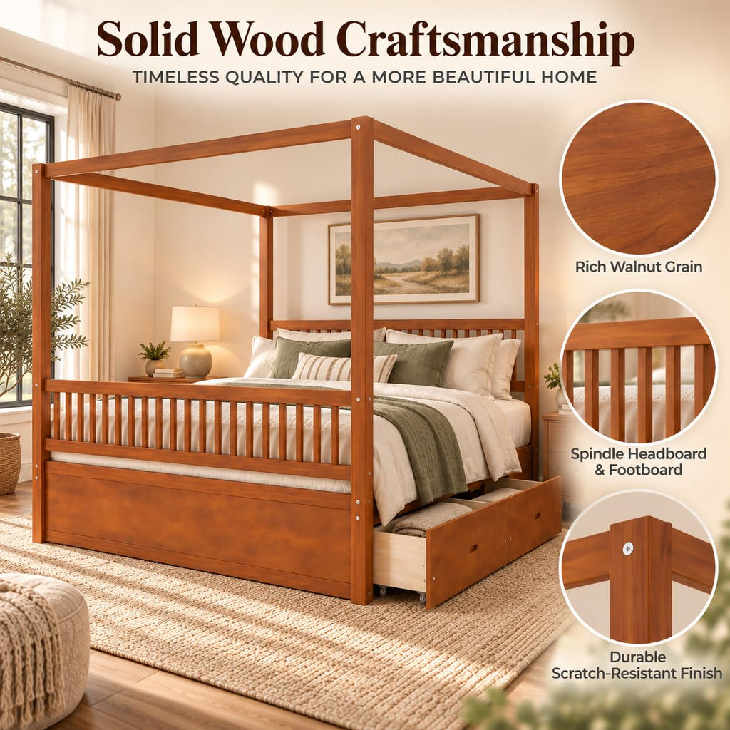 Queen Size Wood Canopy Bed Frame, Walnut Vintage Four-Posters Frames
