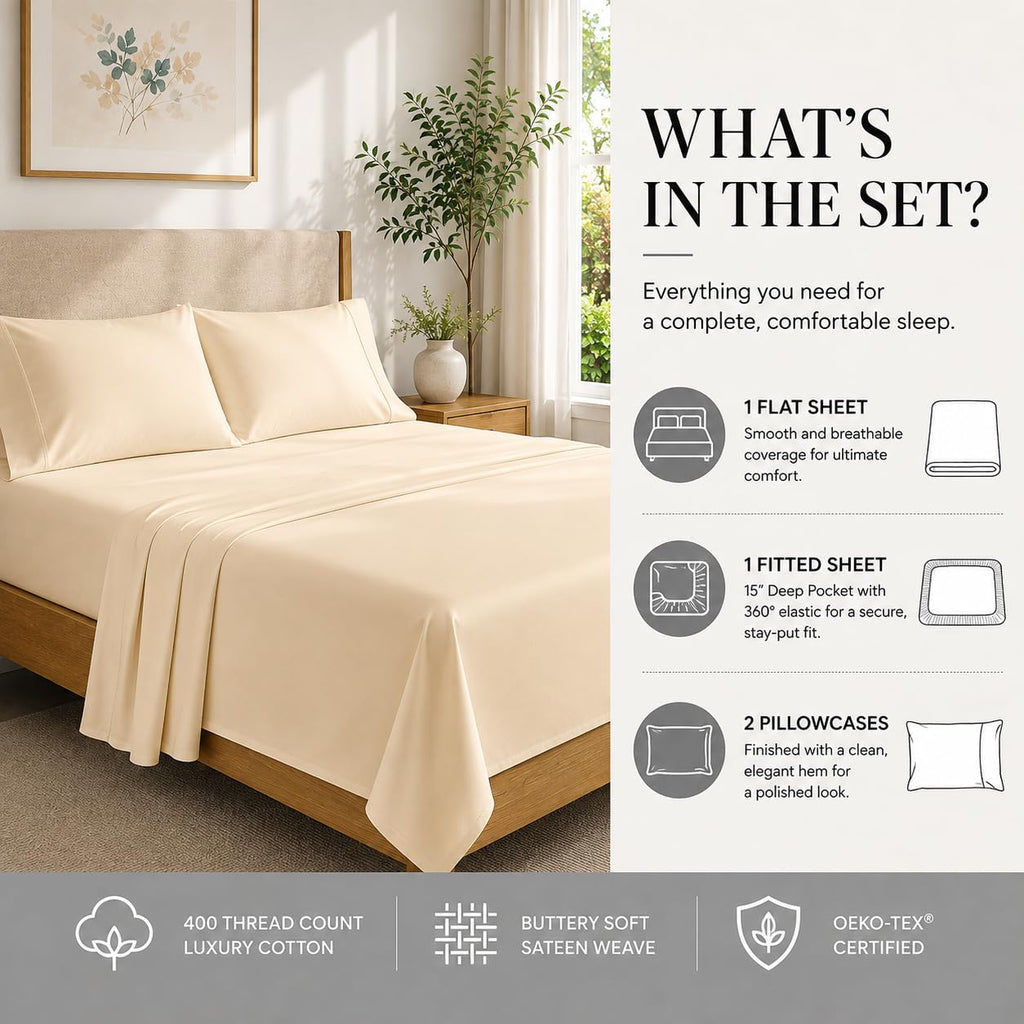 Cal King Bed Sheets, 400 Thread Count California King Sheets Set - Semolina