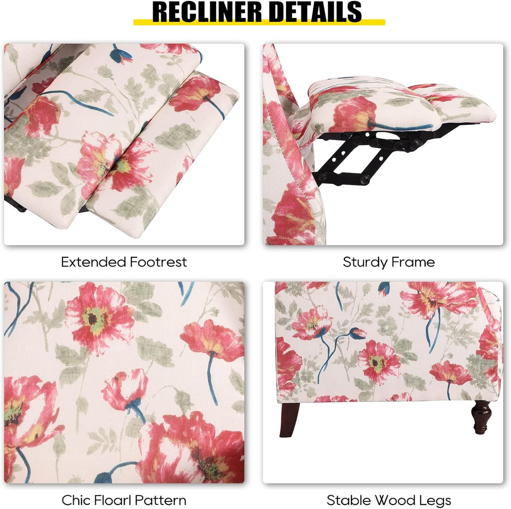 Upholstered Wingback Recliner Chair, Traditional Push Back Recliner Chair with Padded Seat, Fabric Floral Chair