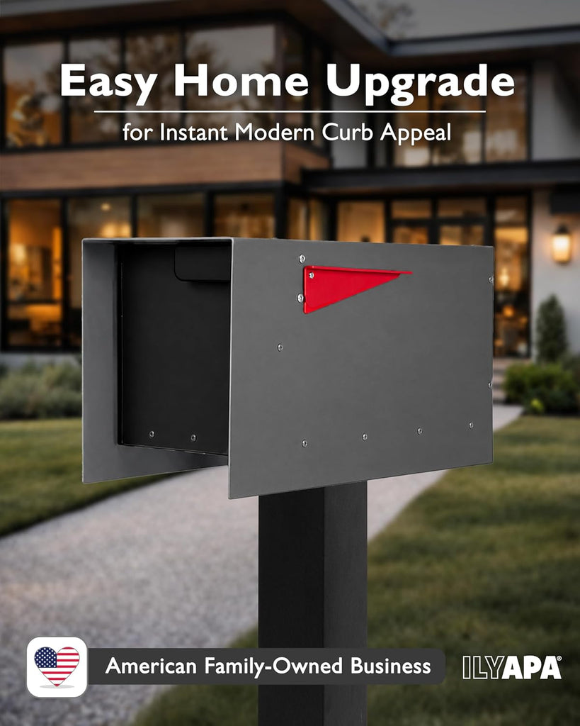 Modern Mailbox Post Mount - 21x8x10 Gray with Black Door Powder Coated Steel, Waterproof Letter Box for Parcels