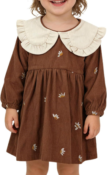 Toddler Baby Girl Corduroy Dress Ruffle Peter Pan Collar Floral Embroidery Long Sleeve Dress Spring Fall Outfits