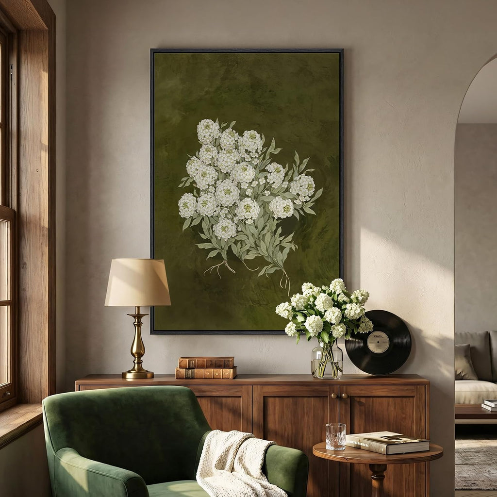 Large Framed Vintage Green Floral Wall Art, Vertical Modern Farmhouse Nature Olive Green Flower Canvas Painting