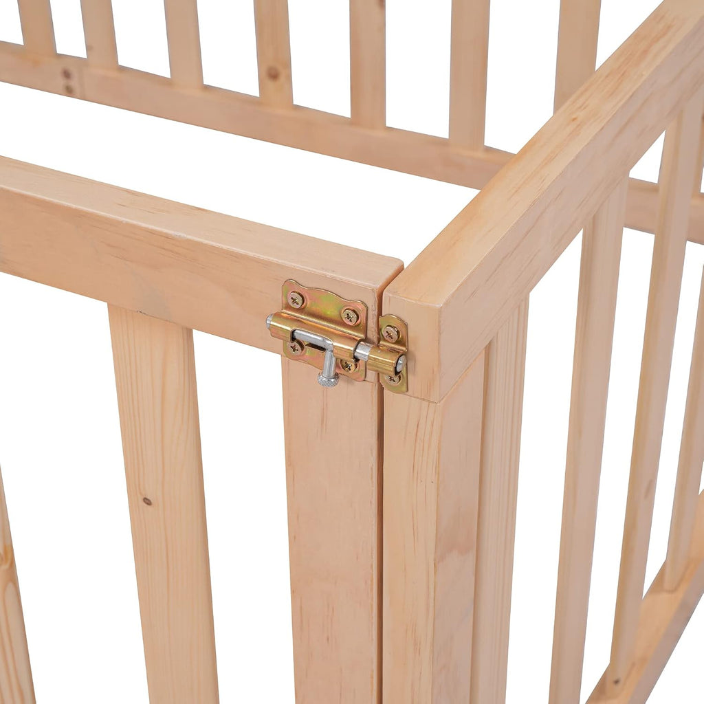 Montessori Floor Bed with 21.7" High Rails, Pine, Plywood Floor Bed with Small Door, Natural