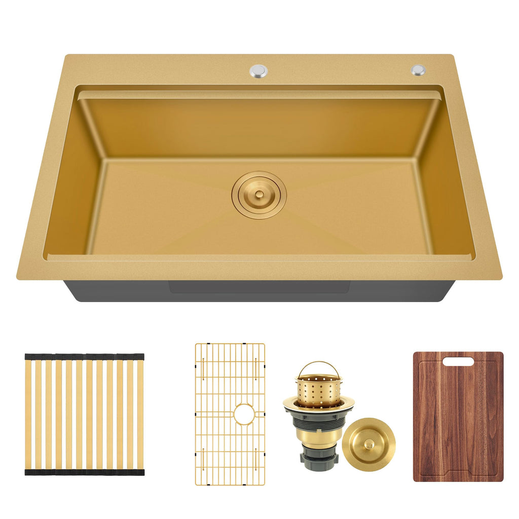 33 Inch Gold Drop In Single Bowl Workstation Handmade Kitchen Sink