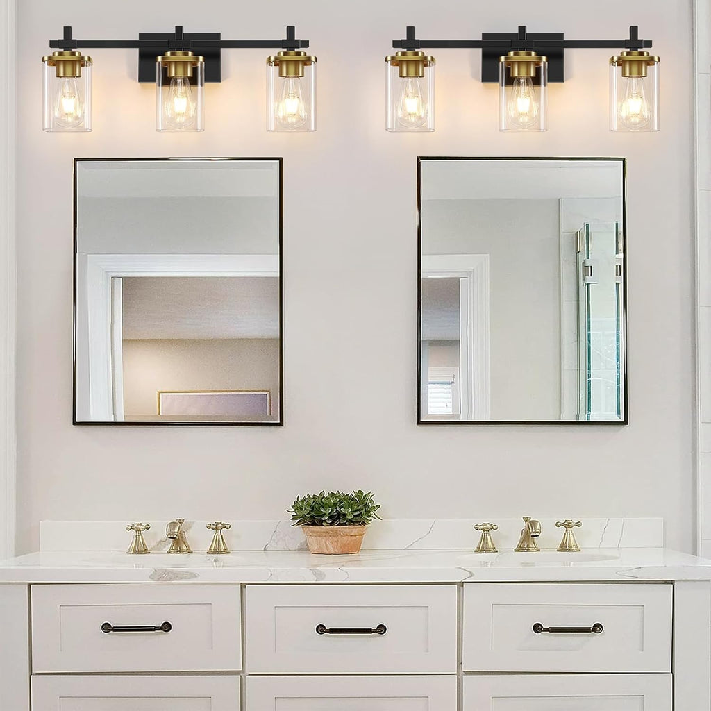 3-Lights Black and Gold Bathroom Light Fixtures Over Mirror, Modern Brushed Gold Vanity Lights , Sconces Wall
