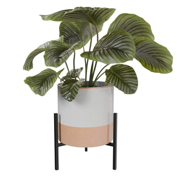Mid-Century Modern Ceramic Planter with Plant Stand Indoor Decorative Plant Pot with Stand in Earthy Beige and White