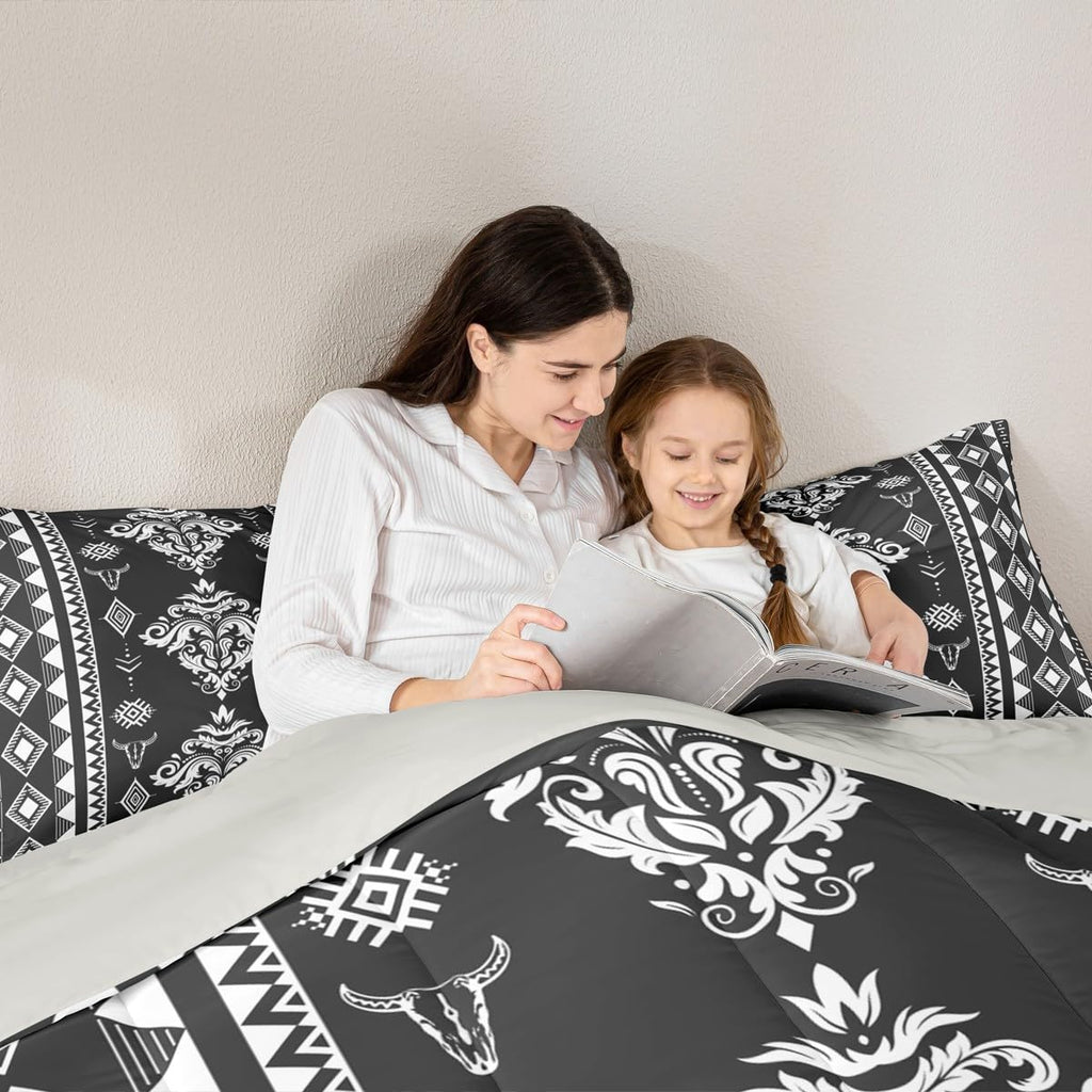 Western Damask Bedding Set King Size, Boho Aztec Comforter Set, Exotic Native Duvet Insert for Boys Girls Women Men