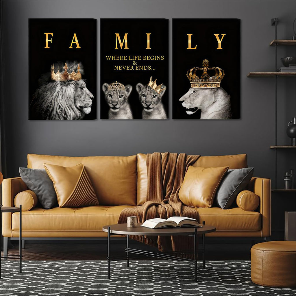 3Pcs Framed Modern Motivational Lion Family Canvas Wall Art