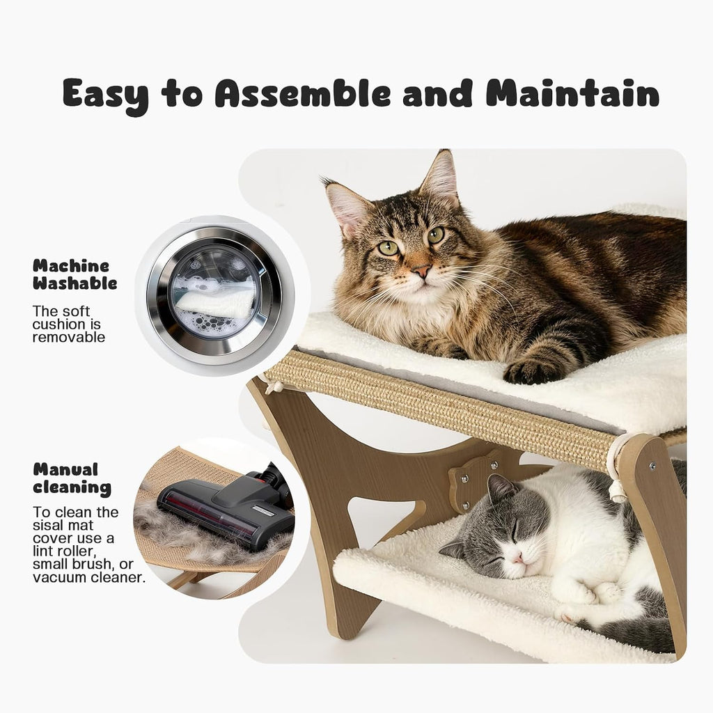 Double-Layer Cat Hammock Bed, Wooden Elevated Cat Beds with Natural Sisal Scratching Mat, Cats Scratcher Bed
