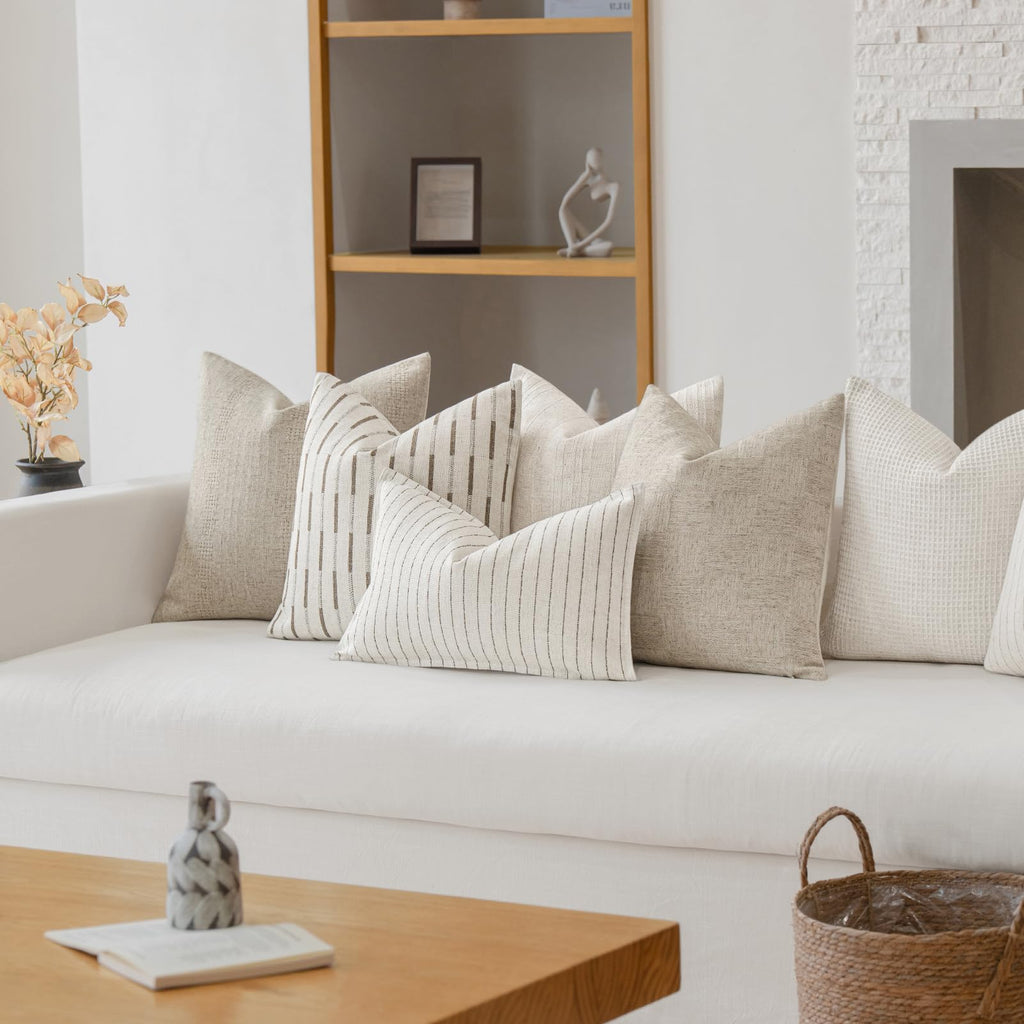 Decorative Neutral Check Throw Pillow Covers 20x20, Linen Check