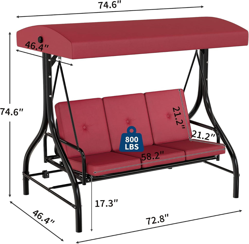 3-Seat Patio Porch Swing with Stand, Convertible Outdoor Swing Bed with Adjustable UV-Resistant Waterproof Canopy