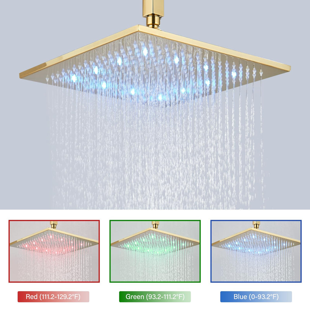 Polished Gold Shower System 12 Inch LED Square Rainfall Shower Head Ceiling Mount Shower Faucet Set with Hand Sprayer