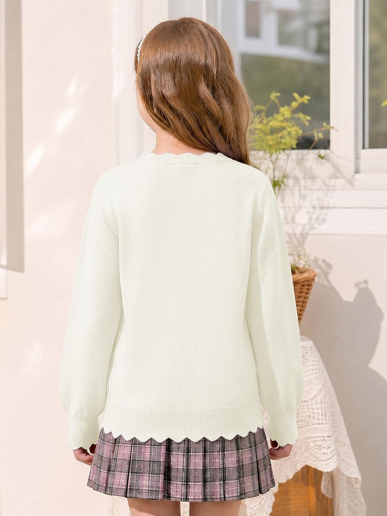 Girls Crewneck Sweater Long Sleeve Scallop Trim Fall Sweaters