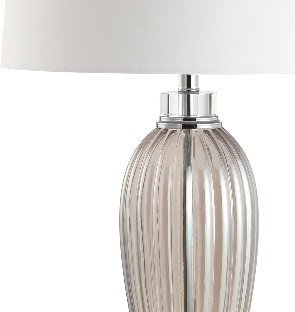 33.5" Smoked Grey Glass/Crystal Table Lamp, Traditional Fluted Glass Column with White Faux Silk Drum Shade