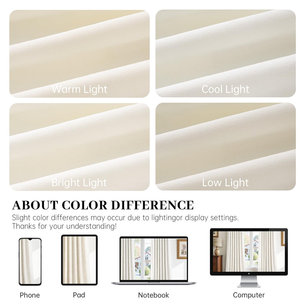 Ivory 100% Blackout Velvet Curtains 108 Inches Long 2 Panels with Hooks Luxury Velvet Black Out Thermal Insulated