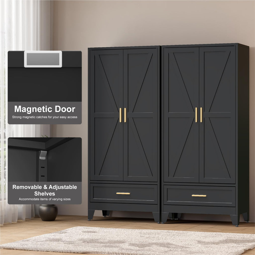 71 Farmhouse Metal Wardrobe Closet with Hanging Rod, 2 Barn Doors, Adjustable Shelves, Steel Armoire with Drawer Black
