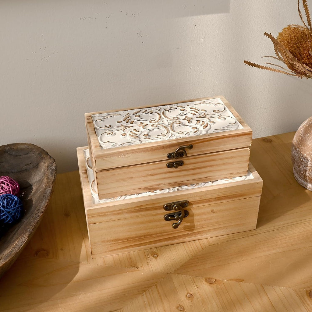 Wooden Storage Box - Hand Carved Floral Decorative Boxes - Set of 2