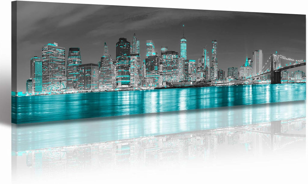 New York Skyline City Wall Art Framed Black and White Turquoise Bedroom Decor Pictures Canvas Prints Manhattan