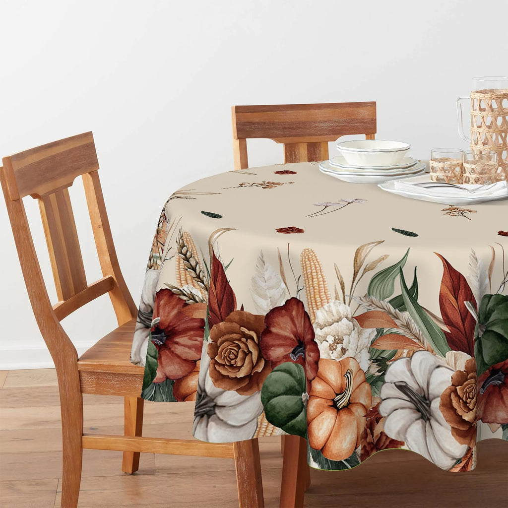 Fall Tablecloth 90 x 90 Inch Round Flower Autumn Harvest Pumpkin