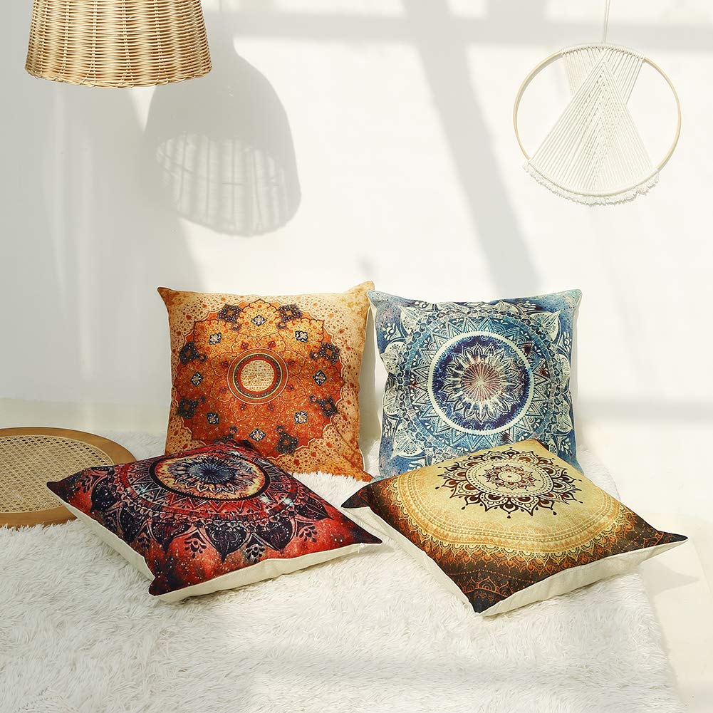 Set of 4 Retro Floral Mandala Compass Medallion Bohemian Pillow Covers Boho Decor Hippie Throw Pillows Decorative for