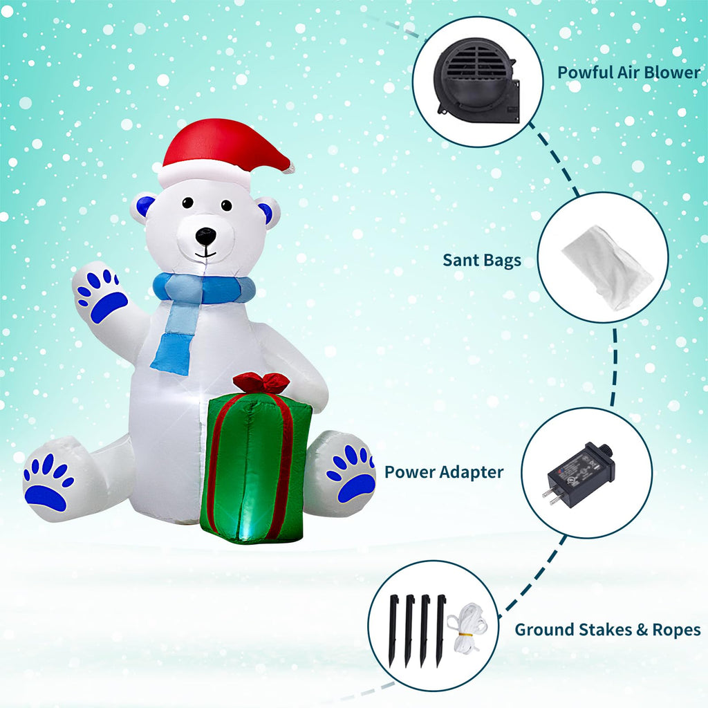 5FT Christmas Inflatable White Bear Hold Gift Decoration